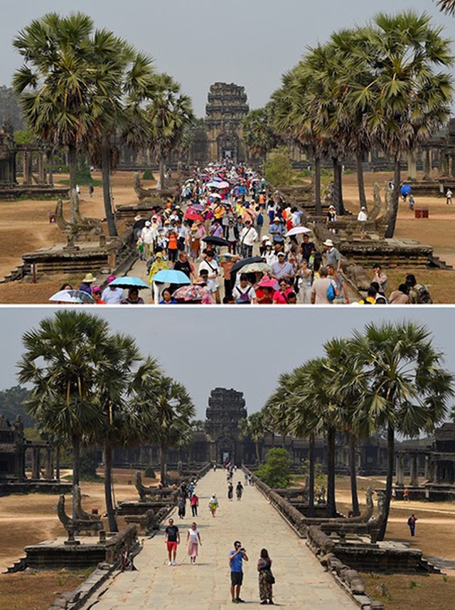 Lượng du khách tới Angkor Wat tại Siem Reap, Campuchia ngày 16/3/2019 (ảnh trên) và vào ngày 5/5/2020 khác xa nhau. (Ảnh: AFP)